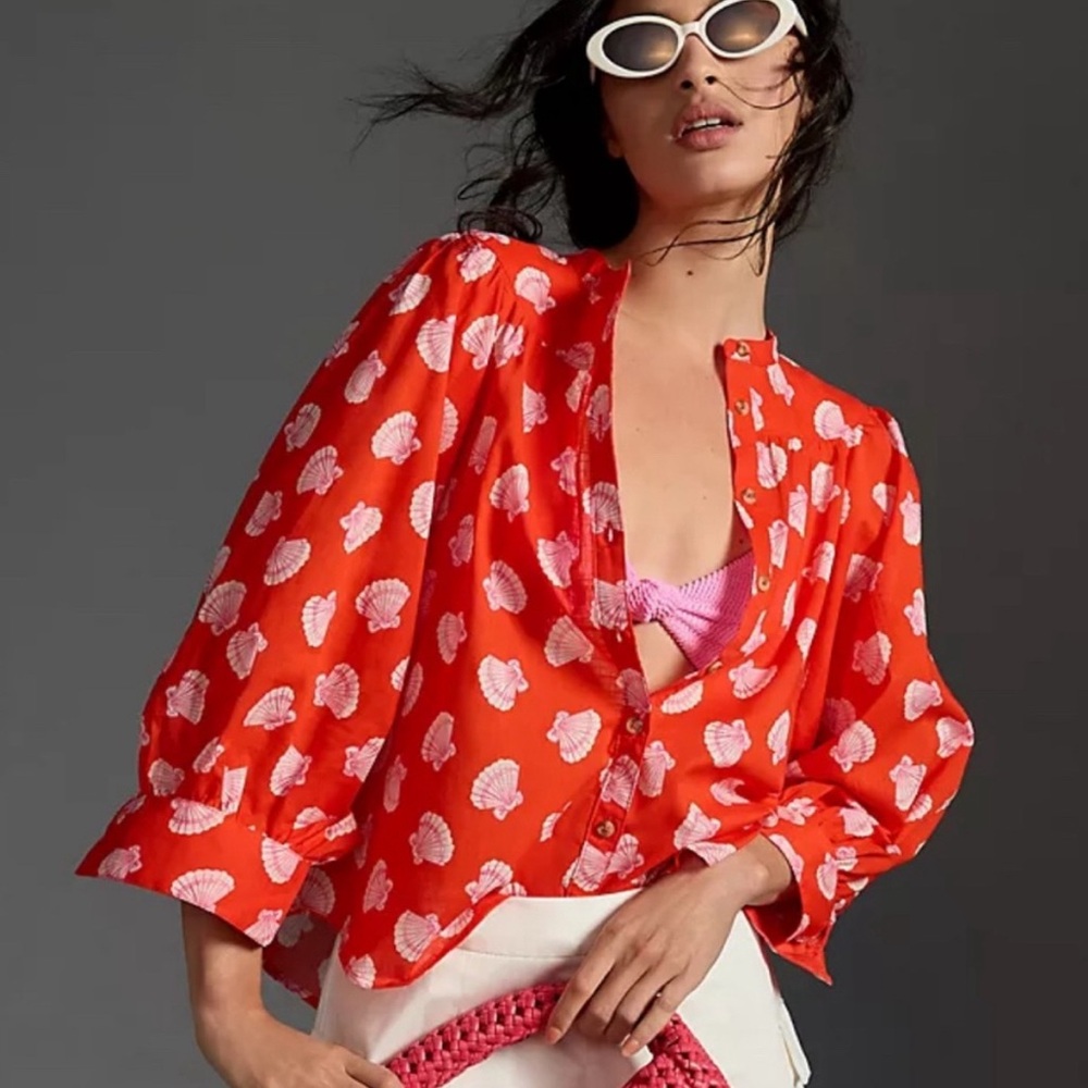 Anthropologie Red Shell-Print Blouse with Pink Accents